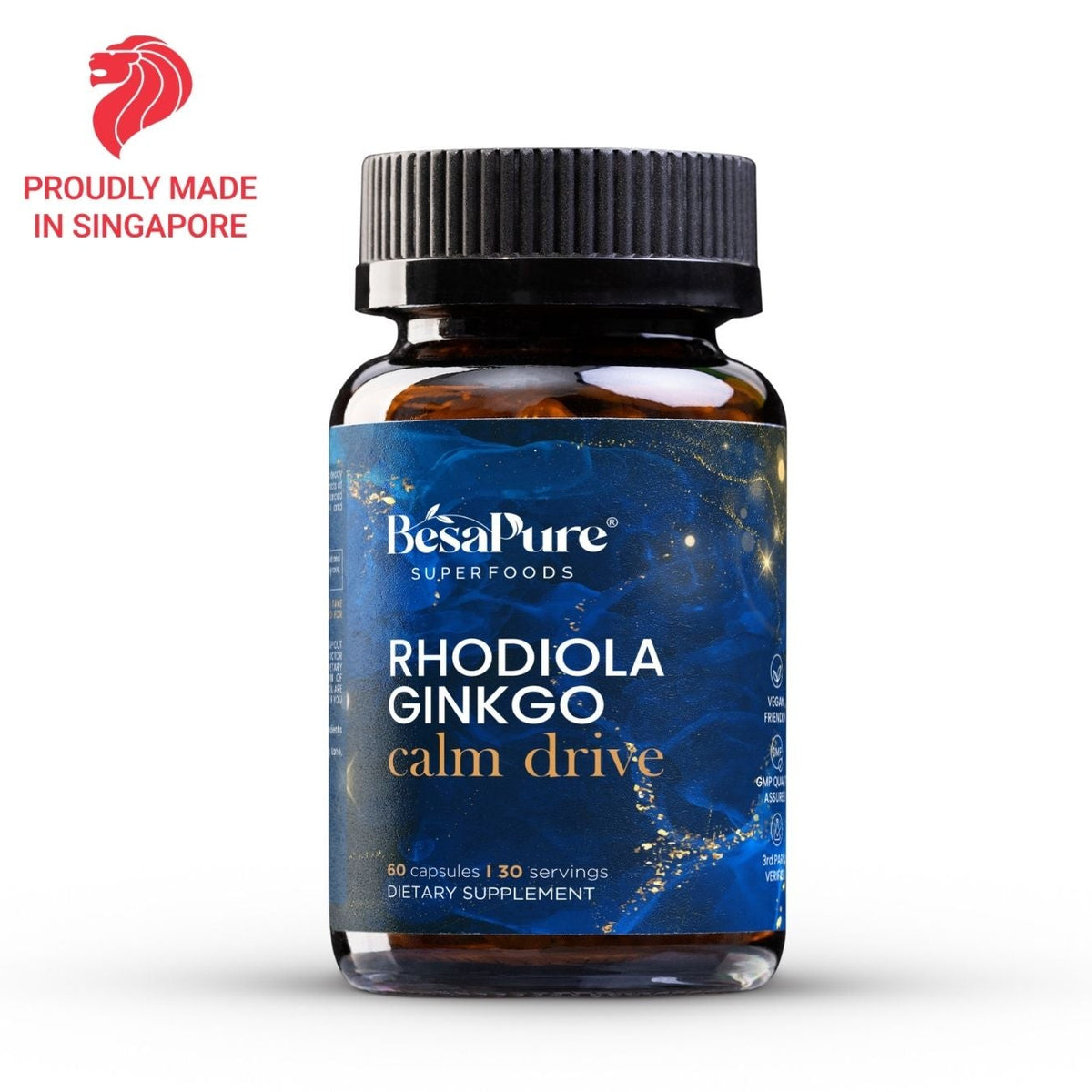 A bottle of BesaPure Rhodiola Ginkgo Calm Drive dietary supplement on a white background, featuring a blue label and a black cap, with a red 'Proudly Made in Singapore' logo in the top-left corner.