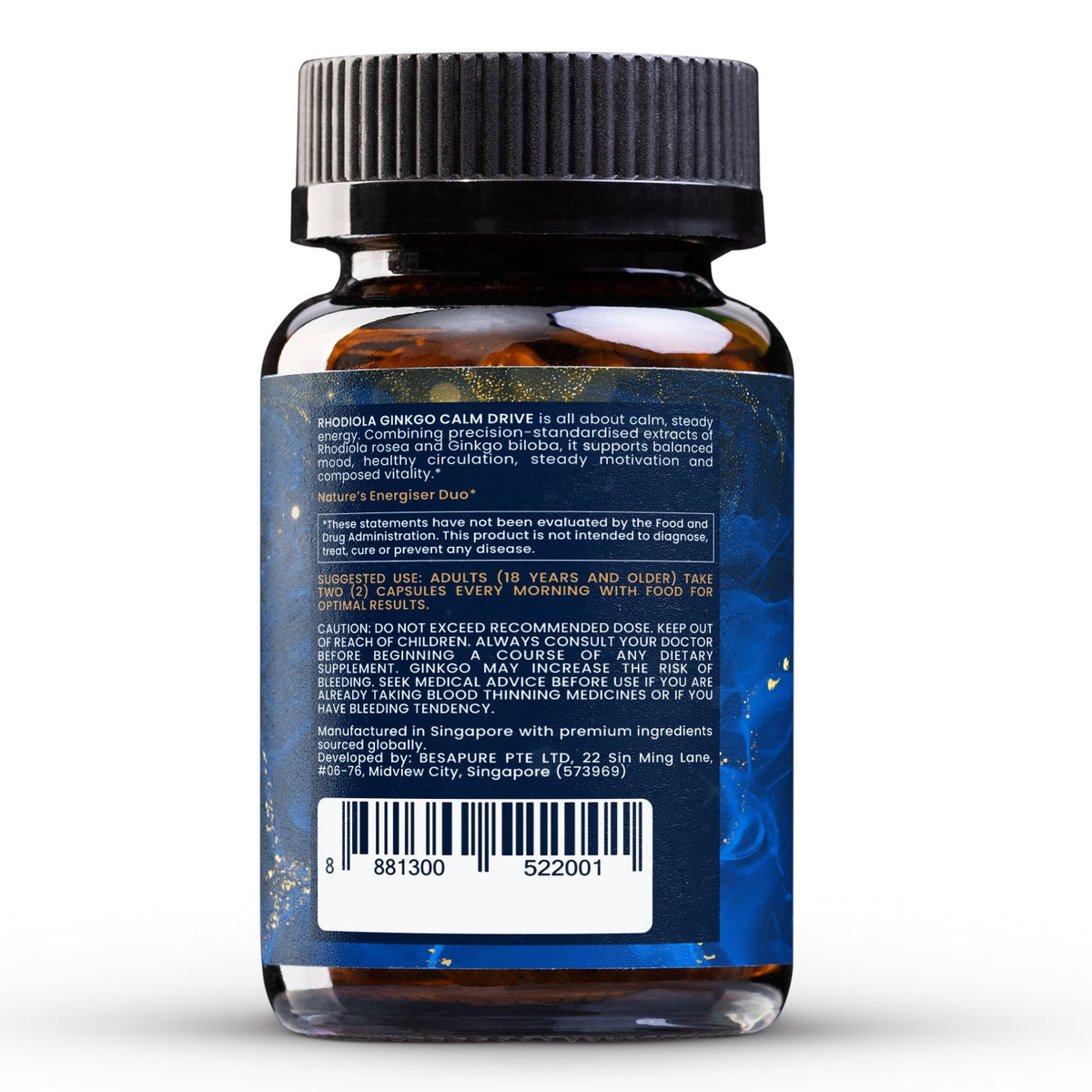 Rhodiola Ginkgo Calm Drive shown from the back against a white background. 